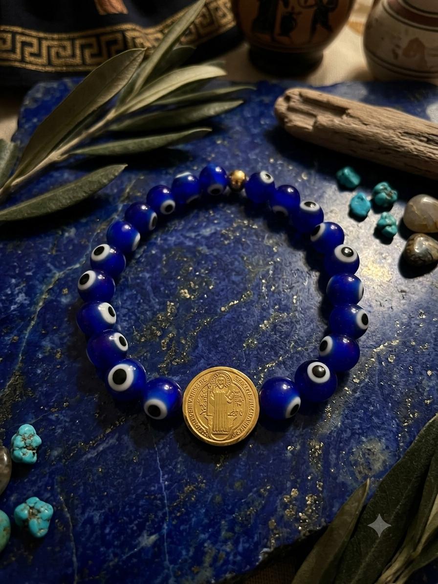 PULSERA OJO TURCO AZUL Y MEDALLA DE SAN BENITO