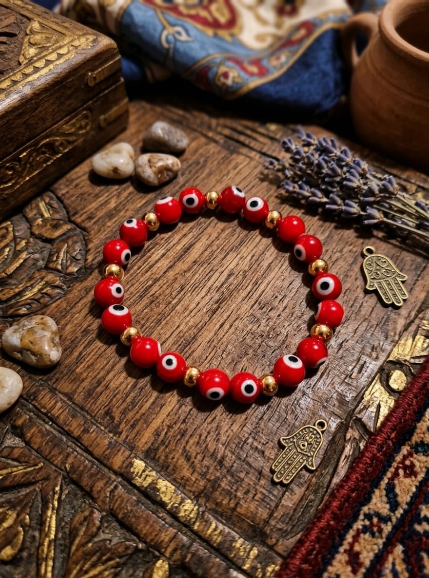 PULSERA OJO TURCO ROJO Y CUENTAS DE ACERO.