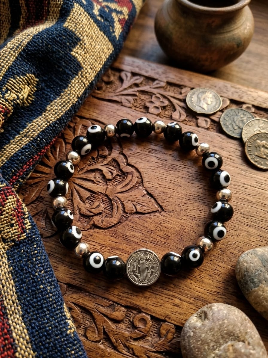 PULSERA OJO TURCO NEGRO, CUENTAS DE ACERO Y MEDALLA DE SAN BENITO.