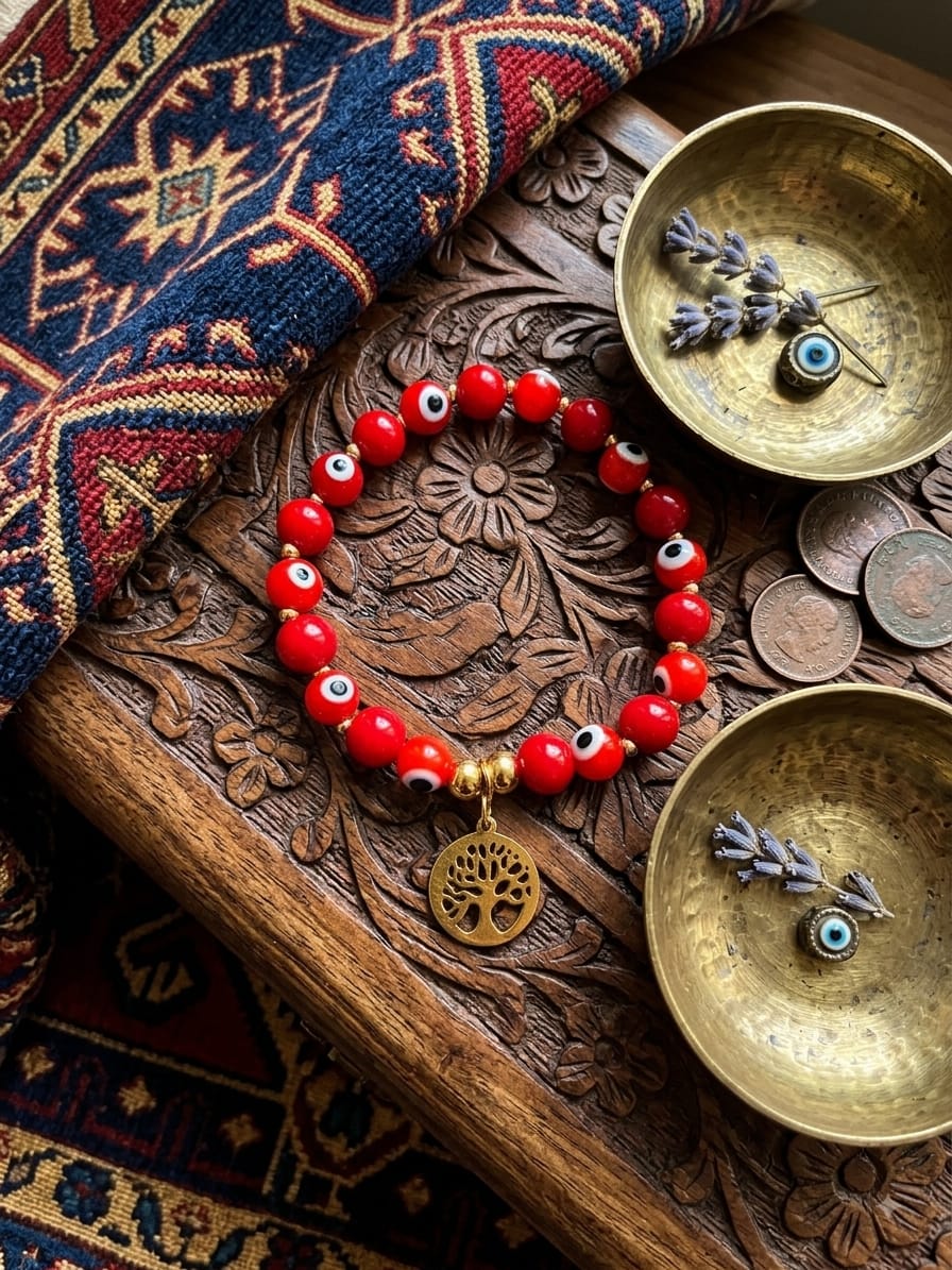 PULSERA OJO TURCO ROJO, CUENTAS Y DIJE DEL ÁRBOL DE LA VIDA EN ACERO.