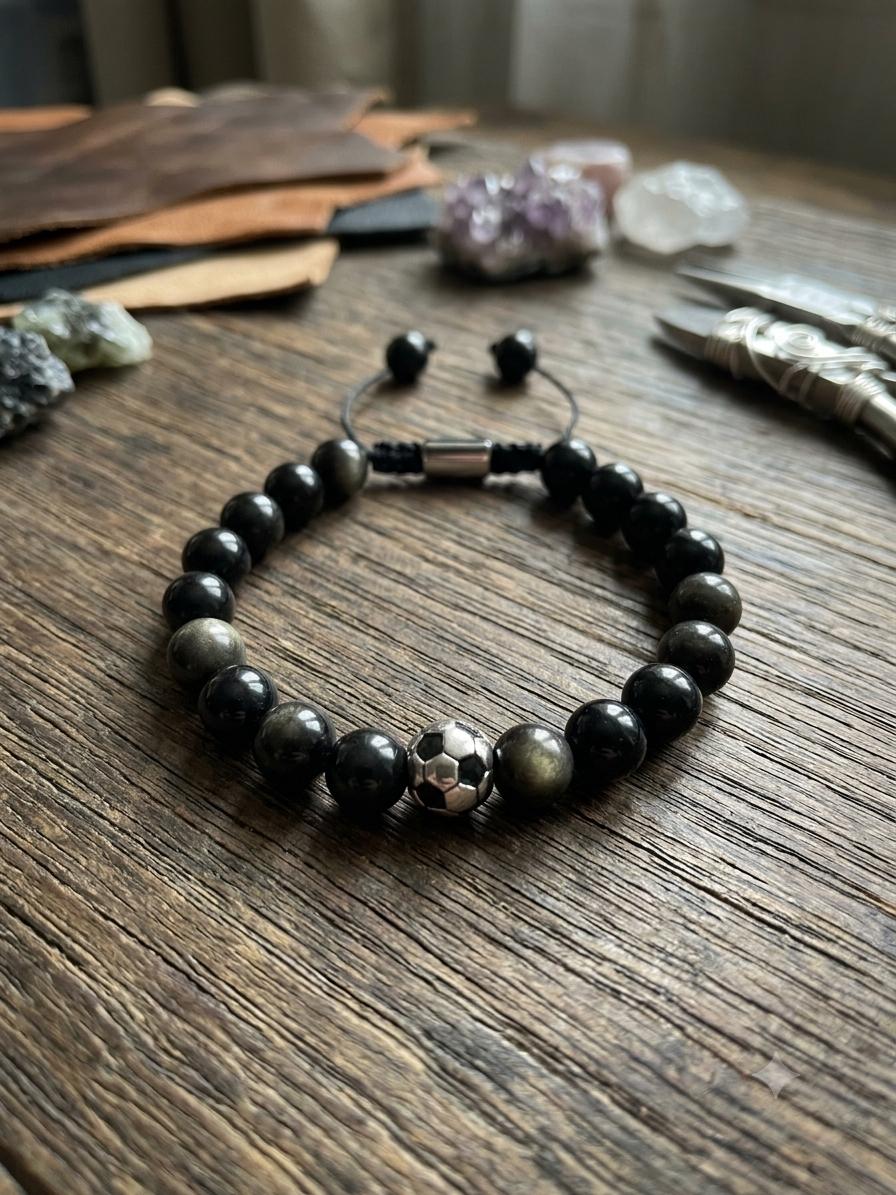 PULSERA DE PIEDRA OBSIDIANA Y DIJE BALÓN FUTBOL