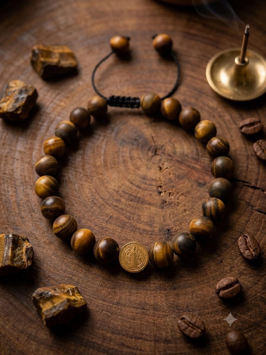 PULSERA DE PIEDRA OJO DE TIGRE Y MEDALLA DE SAN BENITO